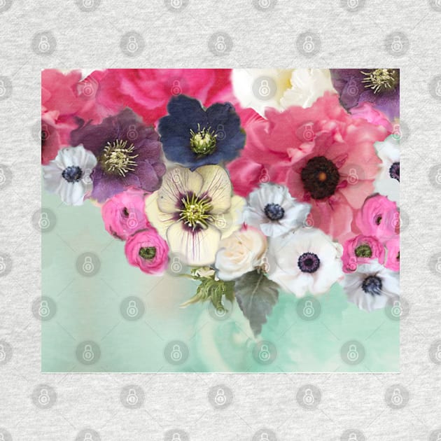 WHITE PINK ROSES ,ANEMONE FLOWERS ,TEAL AQUA BLUE FLORAL by BulganLumini